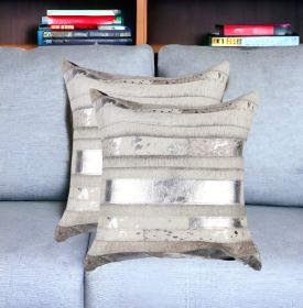 Set of Two 18" Silver And Gray Cowhide Throw Pillows