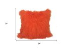 24" Orange Genuine Tibetan Lamb Fur Pillow With Microsuede Backing