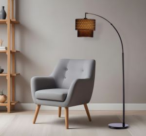 71" Brown And Black Arched Floor Lamp With Brown Fabric Drum Shade