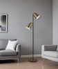 58" Black Two Light Task Floor Lamp With Antiqued Brass Metal Cone Shade