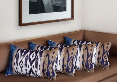 Set Of 4 Brown And Blue Ikat Design Lumbar Pillow Covers