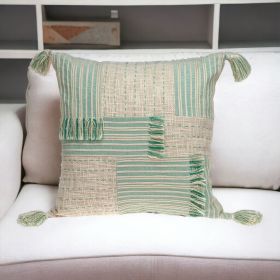 20" Beige And Mint Green Cotton Throw Pillow with Tassels And Texture