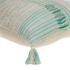 20" Beige And Mint Green Cotton Throw Pillow with Tassels And Texture