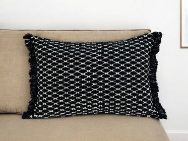Jet Black And White Woven Lumbar Pillow