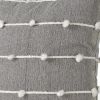 20" Gray and White Striped Linen Throw Pillow Cover With Embroidery and Pom Poms