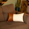 Set of Two Beige Brown and Black Geometric Fabric and Faux Leather Throw Pillow Covers