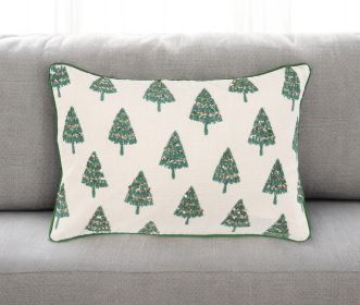 Ivory and Green Modern Christmas Tree Lumbar Throw Pillow