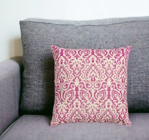 22" Pink and White Damask Cotton Throw Pillow