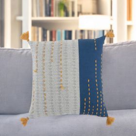 Gray Blue Kantha Stitch Throw Pillow