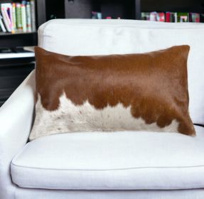 12" X 20" Brown and White Cowhide Throw Pillow (Color: Brown, White)