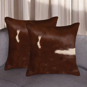 Set of Two 18" Brown And White Cowhide Throw Pillows (Color: Brown, White)