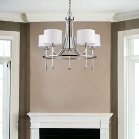 Silver Candle Style Five Light Metal and Crystals Dimmable Chandelier With White Shades (Color: Silver)