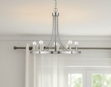 Silver Candle Style Five Light Metal Dimmable Chandelier (Color: Silver)