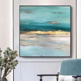Hand Painted Abstract blue ocean oil painting seaside handmade Wall art Picture for Living room bedroom home decoration gift (size: 50X50CM)