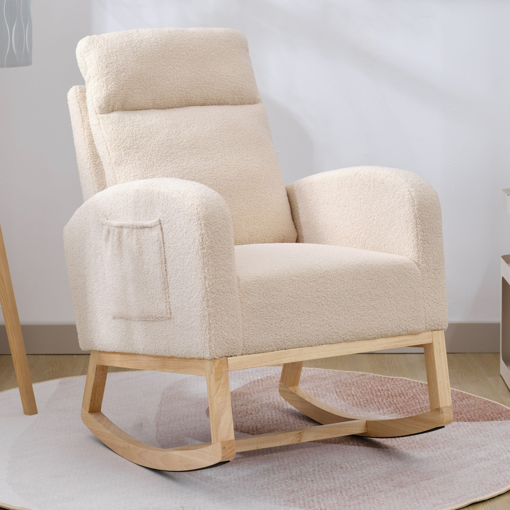 Modern Accent Rocking Chair Rocking Chair with Solid Wood Legs, Upholstered Nursery Glider Rocker, Comfy Armchair with Side Pocket Modern Accent Rocking Chair Rocking Chair with Solid Wood Legs, Upholstered Nursery Glider Rocker, Comfy Armchair with Side Pocket